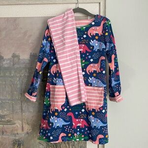 Colorful Dinosaur Print Girls Dress and matching pink striped leggings